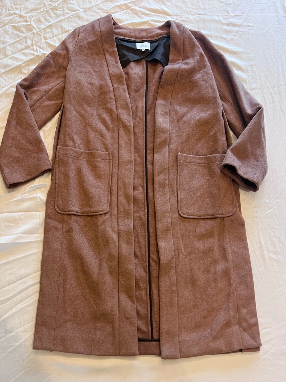 J.O.A. Women's Brown Open-Front Long Overcoat Long Sleeve Pockets Side Slits S